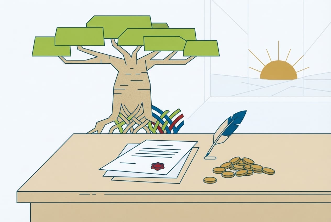 Illustration plate : documents, sceau, plume, baobab, pièces d'or