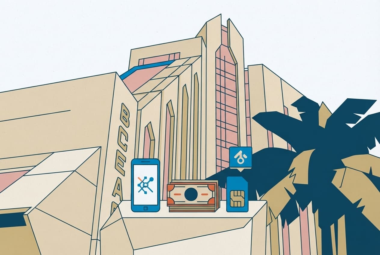 Illustration plate : téléphone portable, billets de banque, carte SIM, enseigne de service