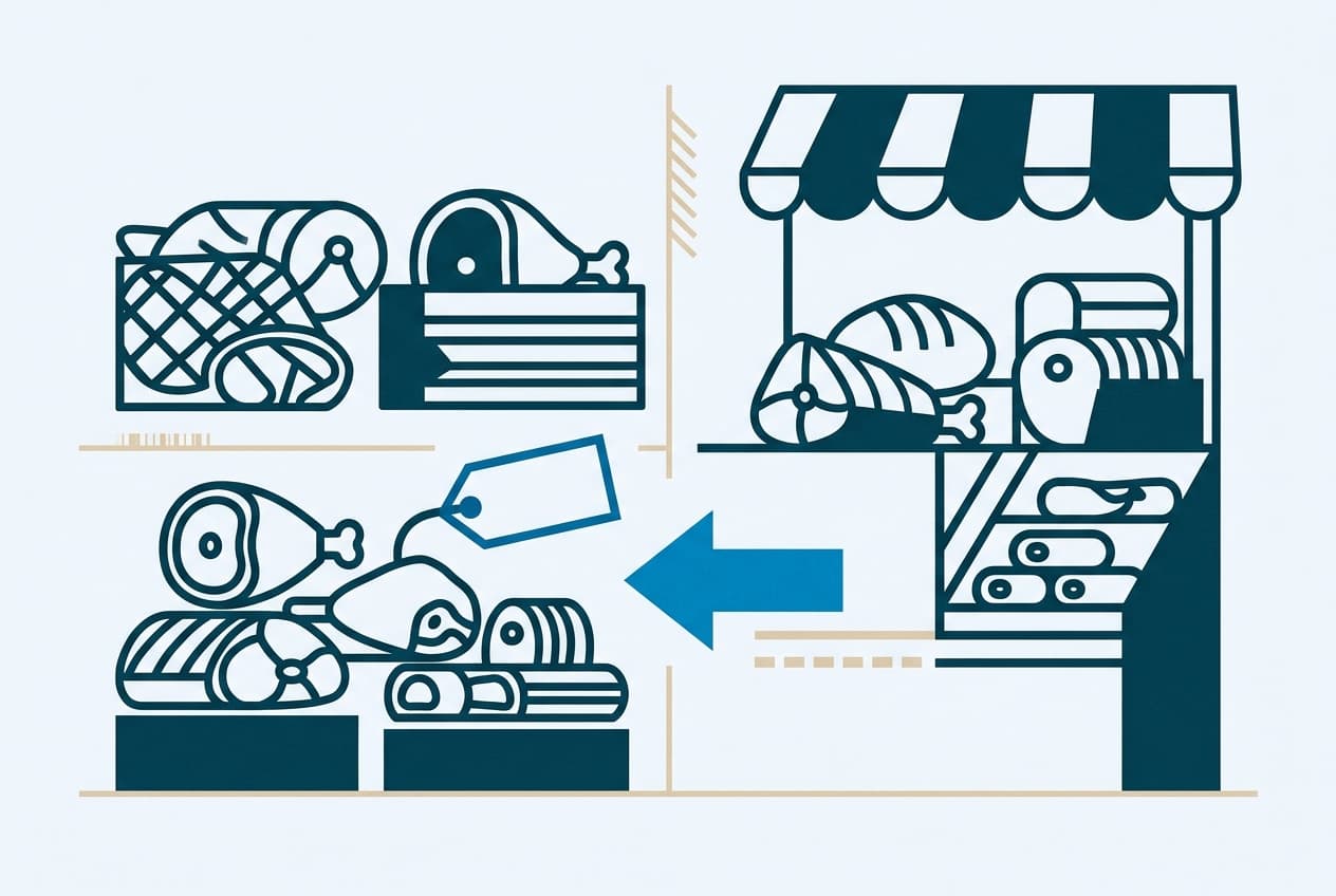 Flat illustration of various meat cuts displayed on a market stall, with an exaggeratedly high price tag and an upward arrow.