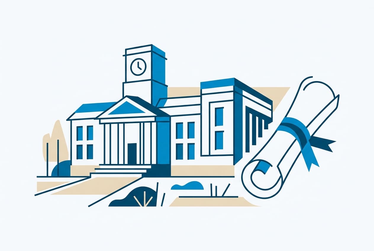 Flat illustration of a university building with a large diploma.