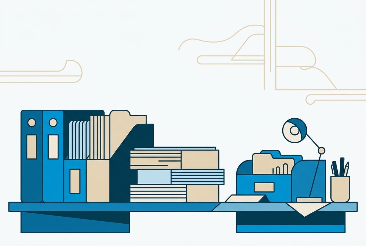 Flat illustration of scattered documents, film reels, and an administrative building.