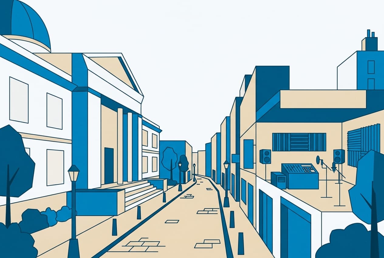 Planche d'illustration : palais de justice, rue, studio d'enregistrement